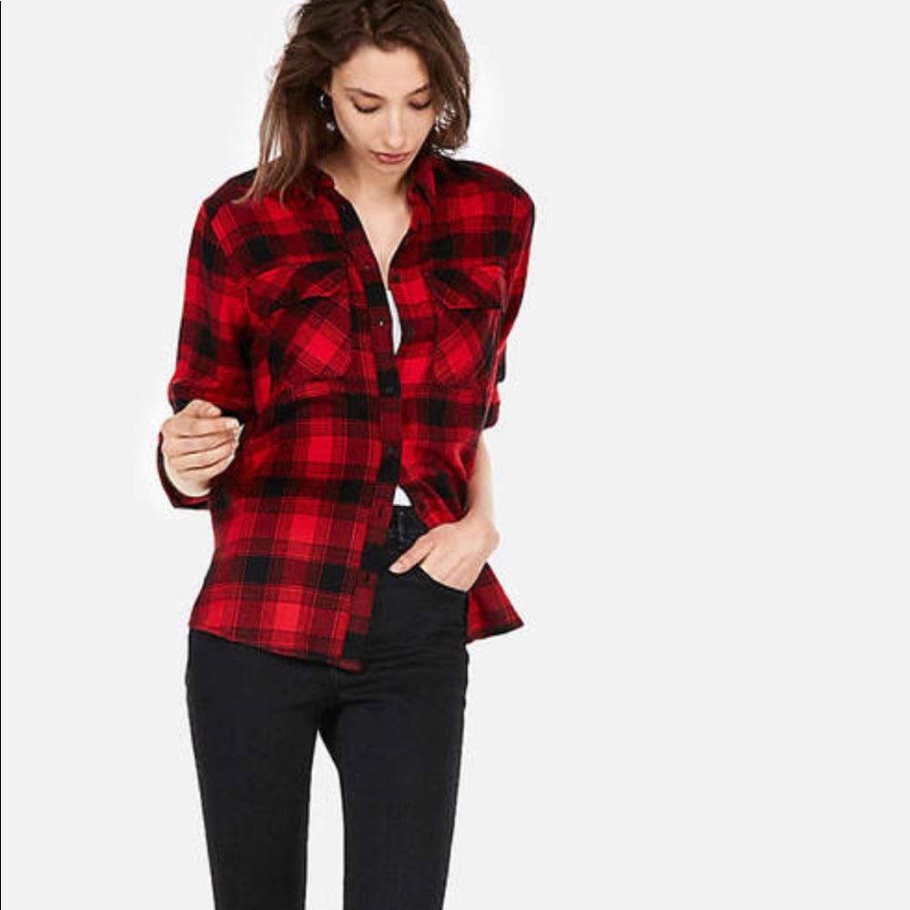 Red Plaid Flannel Boyfriend Shirt